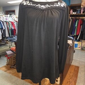 BloomChic Black Long Sleeve Top with White Floral Embroidery